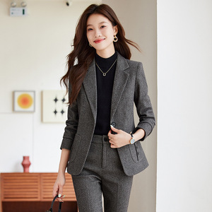Women's Suit Set Dark Gray <b>Wool</b> Blend Full Sleeve Office Lady Anti-Wrinkle Business Leisure Commuting AJN-8219 - Product Image 1