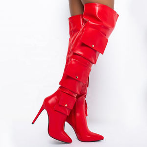 Big Size 44 Special Pockets Ornament Side Zip Women Over Knee High Boots Thin <b>Heel</b> Women Thigh High Booties Pointed Toe Boots - Product Image 2