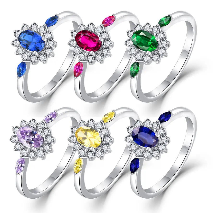 Vente en gros de bagues à trois pierres Bijoux en fleurs Bagues en argent sterling 925 plaqué rhodium multicolore CZ Gems