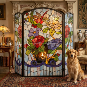 Customized Stained Glass Room Divider 3 Panels Floral Pattern Red Roses Blue Background Freestanding Decorative <b>Screen</b> - Product Image 3