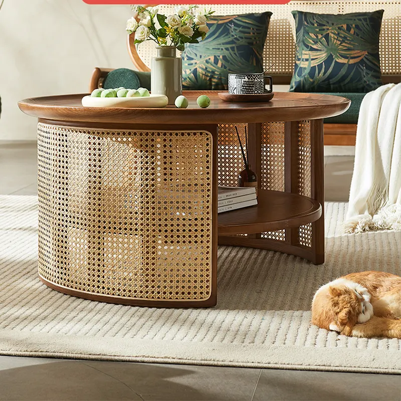Venta caliente mesa de centro moderna wabisabi nórdico retro madera ratán mesas de centro redondas muebles de sala de estar mesita de noche de ratán