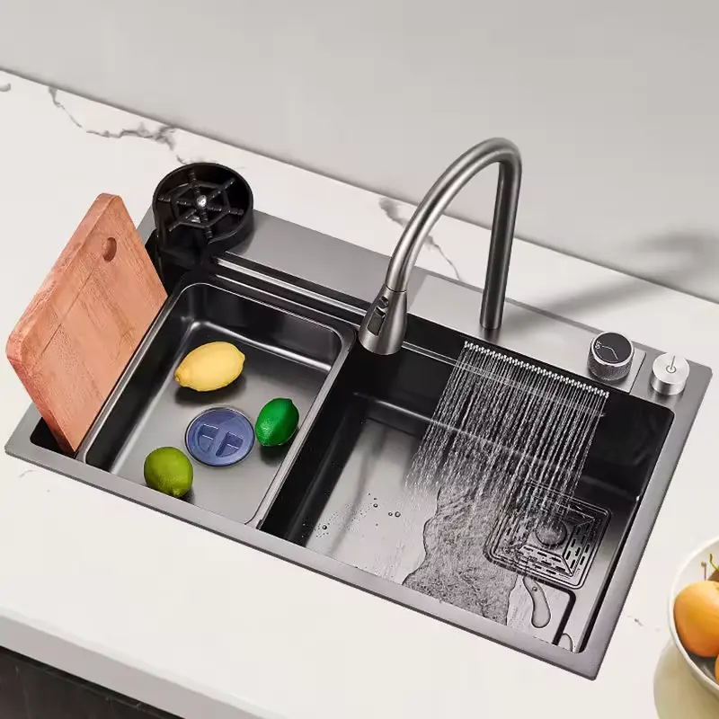 Gran oferta, lavabo de artículos sanitarios, cuenco doble, fregadero de cocina hecho a mano de acero inoxidable con grifo de cascada