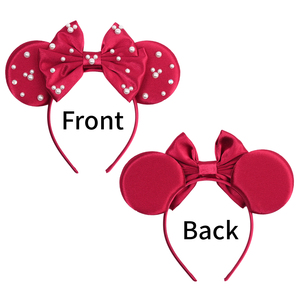 Aksesoris Rambut Taman Hiburan Baru 2025, Satin dengan Mutiara Rhinestone, Pita Dua Lapis, Headband Telinga Tikus untuk Wanita - Product Image 5