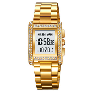 Skmei Digital Watch Gold Stainless Steel Band Rhinestone Men's Watch Luminous Alarm Date Display - Product Image 5