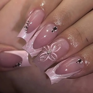 24-Piece Hot-Selling <strong>French</strong> Style <strong>Manicure</strong> <strong>Set</strong> with Finished Sparkling Diamond Flower Pearlescent Artificial Fingernails - Product Image 6