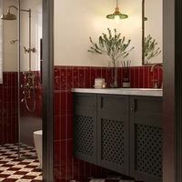 Carreaux de salle de bain vintage rouge bordeaux faits à la main en brique réfractaire, antibactériens, avec bordures, couleur chaude, style français moderne