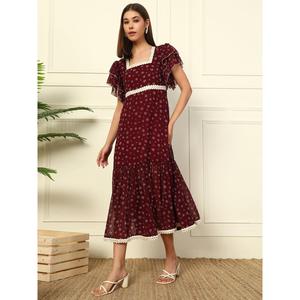 Floral Print Woven Georgette Tiered Casual <b>Dress</b> for Women's Square Neck Frilled Sleeves Fit & Flared Ankle Length Pockets - Product Image 2