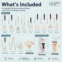 YMS Ensemble de 28 ustensiles de cuisine en silicone avec manche en bois : spatule, pelle à frire, louche à soupe, fouet à œufs, pince