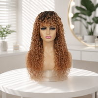 Perruque complète sans colle, fabriquée à la machine, en cheveux indiens longs 100% vierges, blond miel, bouclés Jerry, avec frange aérienne, haute densité, sans dentelle