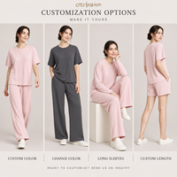 Ensemble deux pièces texturé rose à manches courtes pour femme, pantalon large décontracté d'été, personnalisable OEM Marque Privée