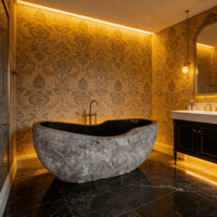 Baignoire d'angle autoportante de luxe en marbre noir foncé irrégulier, en pierre naturelle, pour hôtel et maison, style béton, vente en gros