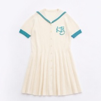 Robe en tricot rayée personnalisée pour femme grande taille, en fil filé à la main, gris turquoise, avec broderie nœud et boutons sur le devant