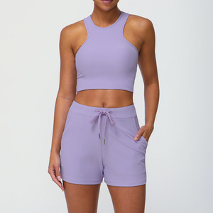Vêtements d'entraînement côtelés Ensembles <span class=keywords><strong>de</strong></span> yoga Gilet <span class=keywords><strong>de</strong></span> <span class=keywords><strong>sport</strong></span> à dos ouvert Short à ceinture élastique Gym - Product Image 3