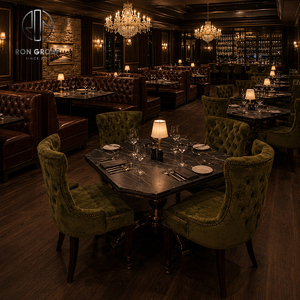 Set di Arredamento Vintage per Ristorante Ron Group, <span class=keywords><strong>Tavolo</strong></span> Personalizzato, Set di Sedie in Velluto con Schienale Alto, Divanetto Semicircolare in Pelle Trapuntata - Product Image 1
