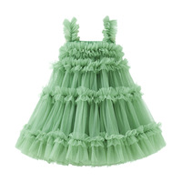 Robe de princesse d'été douce pour filles, style occidental, col rond, dentelle unie, jupe voile, polyester/coton