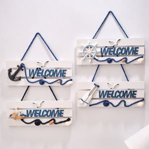 Panneau de bienvenue en bois méditerranéen, 2 pièces, rectangulaire, décoration murale en bois de pin avec ancre et design de gouvernail - Product Image 1