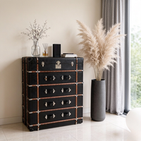 Armoire de rangement vintage de luxe en cuir véritable noir, coffre en bois à 4 tiroirs, grande capacité, pour chambre et salon