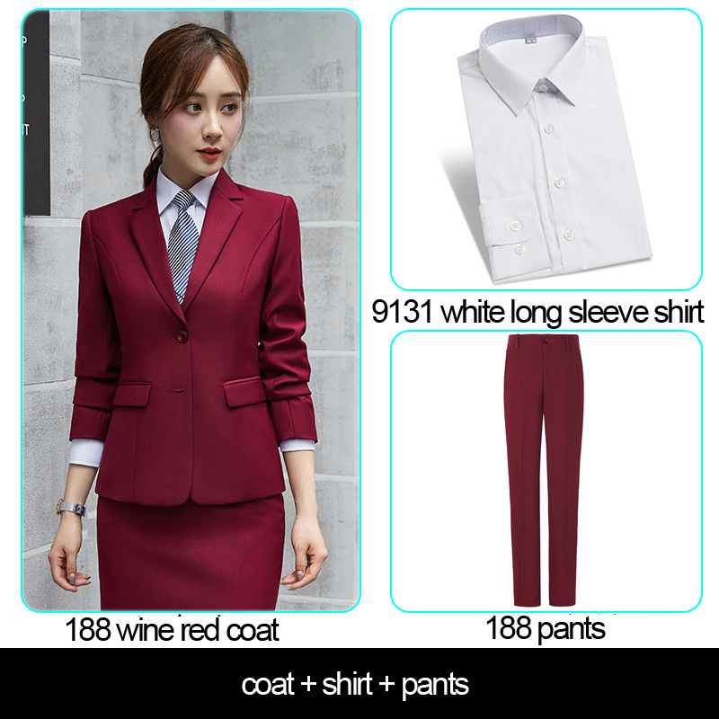 wine red women's coat+pants+white shirt
