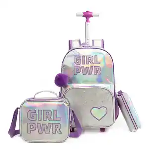 High Quality Pull Trolley Bag School Girl Lightweight Glitter Children School Bags Kids Backpack With Trolley