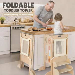 Tour en bois pliable en 2 étapes, 6 jeux d'activités Montessori, tabouret de cuisine pour tout-petits, hauteur réglable, filet de sécurité, chaise pour enfants - Product Image 2