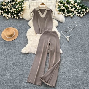 Conjunto de Dos Piezas para Verano, Top de Punto sin Mangas, Cuello Camisero Retro con Bloques de Color y Pantalones Anchos de Cintura Alta - Product Image 4