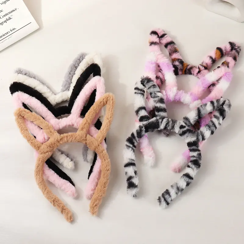 New arrivals winter hair accessories girl leopard pink rabbit ear hairbands furry fur bunny headbands for kids