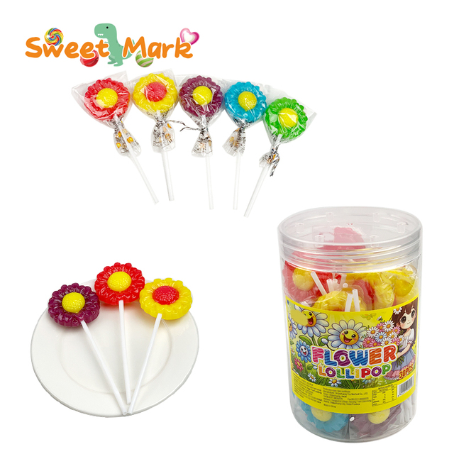 Hot Selling Sunflower Lollipop Stick Fruity Flavor Hard Candy in Cartoon Box Packaging