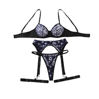 Ensemble de lingerie sexy 4 pièces avec broderie à sequins, soutien-gorge sous-poitrine, string découpé, jarretières réglables et maille florale transparente