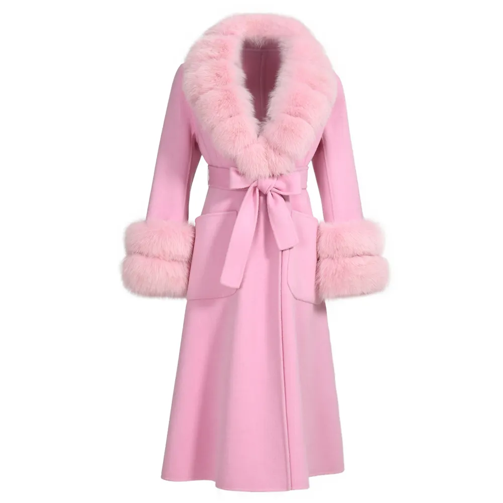 Manteau en laine pour femmes, en cachemire, vraie fourrure de renard, vêtement de créateur, à la mode, tendance