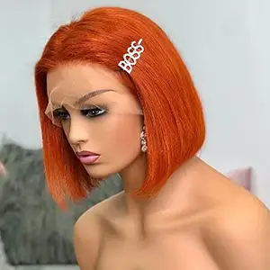 Parrucca anteriore in pizzo dritto parte centrale arancione zenzero 10 pollici taglio smussato parrucche per capelli umani per le donne parrucche per capelli corti Bob in pizzo