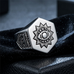 Bague pour homme en acier inoxydable plaqué argent tibétain, motif œil maçonnique hexagonal, style géométrique rétro punk, cadeau 21007 - Product Image 1