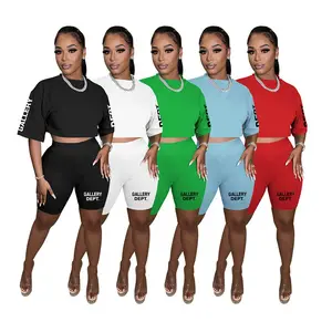 Round Collar Short Sleeve Shorts Set Women Two Pieces Crop Top Letter Printing High Waist Short Sets for Women 2024