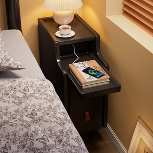 Solid Wood Nightstand 20cm Ultra <b>Narrow</b> <b>Storage</b> Shelf For Bedroom Modern Minimalist Design - Product Image 2