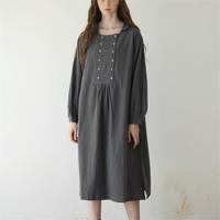 OEM bouton droit couleur unie Vintage Midi manches longues luxe femmes robe trapèze dames lin coton grande taille avec poches