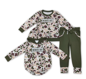 Conjunto de Ropa para Niños Baby MAMA'S BOY con Bordado de Camuflaje Caqui, Ropa de Otoño para Niños - Product Image 1