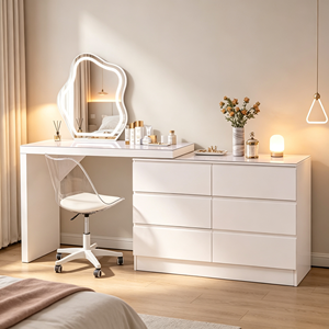 Coiffeuse moderne blanche avec miroir LED, meuble de rangement et chaise pour chambre à coucher - Product Image 6