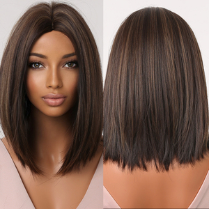 Peluca de cabello sintético <span class=keywords><strong>Afro</strong></span> para mujer afroamericana, cabellera artificial liso de fibra japonesa, color marrón oscuro y dorado, largo hasta los hombros, resistente al calor - Product Image 1