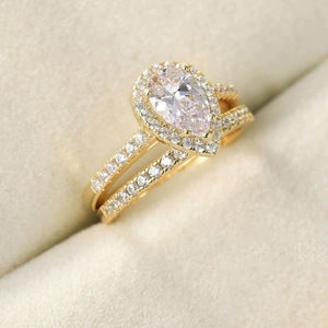 Conjunto de anillos de plata de ley S925 con forma de pera, 6x9mm, circonita cúbica en forma de lágrima, halo apilable, anillo nupcial de diamante simulado para mujer - Product Image 3