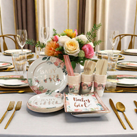 Ensemble de vaisselle moderne pour fête de naissance à thème floral rose doré, assiettes, serviettes, gobelets, couteaux et fourchettes en papier écologiques