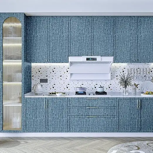 Papel tapiz de lino azul de tela texturizada de gran venta, papel tapiz impermeable extraíble autoadhesivo para gabinetes de pared