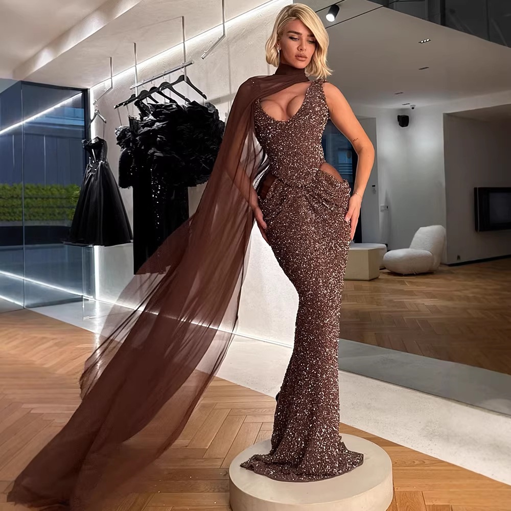 brown dress for birthday party A Line Brown Simple Evening Party Dresses Long Prom Dresses With Slit main image 0