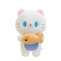 Peluche chat porte-bonheur mignon avec poisson, en polyester et coton PP, coussin compagnon pour enfants, cadeau de mariage, vente en gros pour l'exportation
