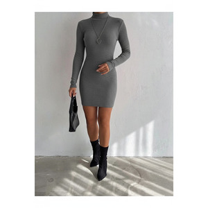 Women's <b>Elastic</b> Ribbed Stand-Up Collar Long Sleeve Midi <b>Dress</b> 90 Cm Office Wear - Product Image 1