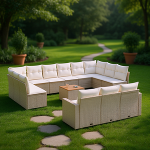 Set divano da giardino in rattan beige, 14 pezzi, mobili da esterno eleganti e resistenti alle intemperie per il giardino - Product Image 2