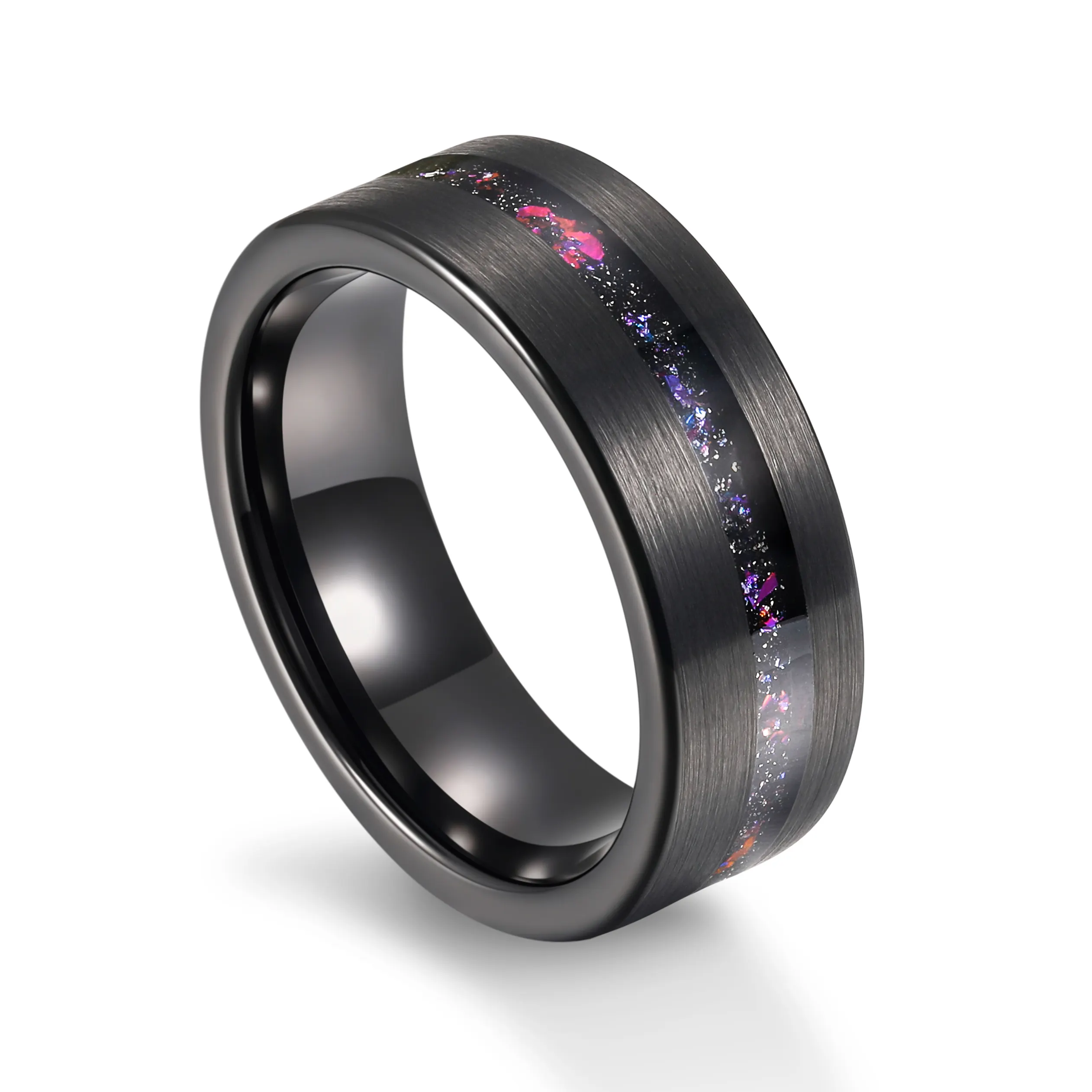 Cincin Pernikahan modis pria, Perhiasan pita pernikahan 8mm berlapis hitam dengan sikat, batu meteor biru untuk pria, cincin Tungsten Carbide