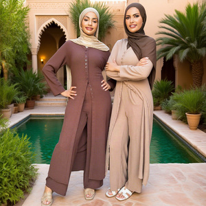 En Gros Ensemble Coordonné Élégant et Tendance pour Femme Voile Musulman Modeste: Cardigan Robe Cintrée et Hijab Uni - Product Image 3