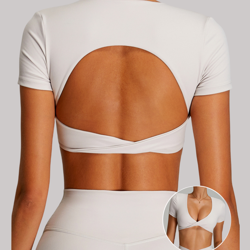 2025 Women Short Sleeve Yoga Tops Built Twist Sports Bra Breathable Active Stretch Quick Dry Nude Feeling Crop Tops Gym Fitness
