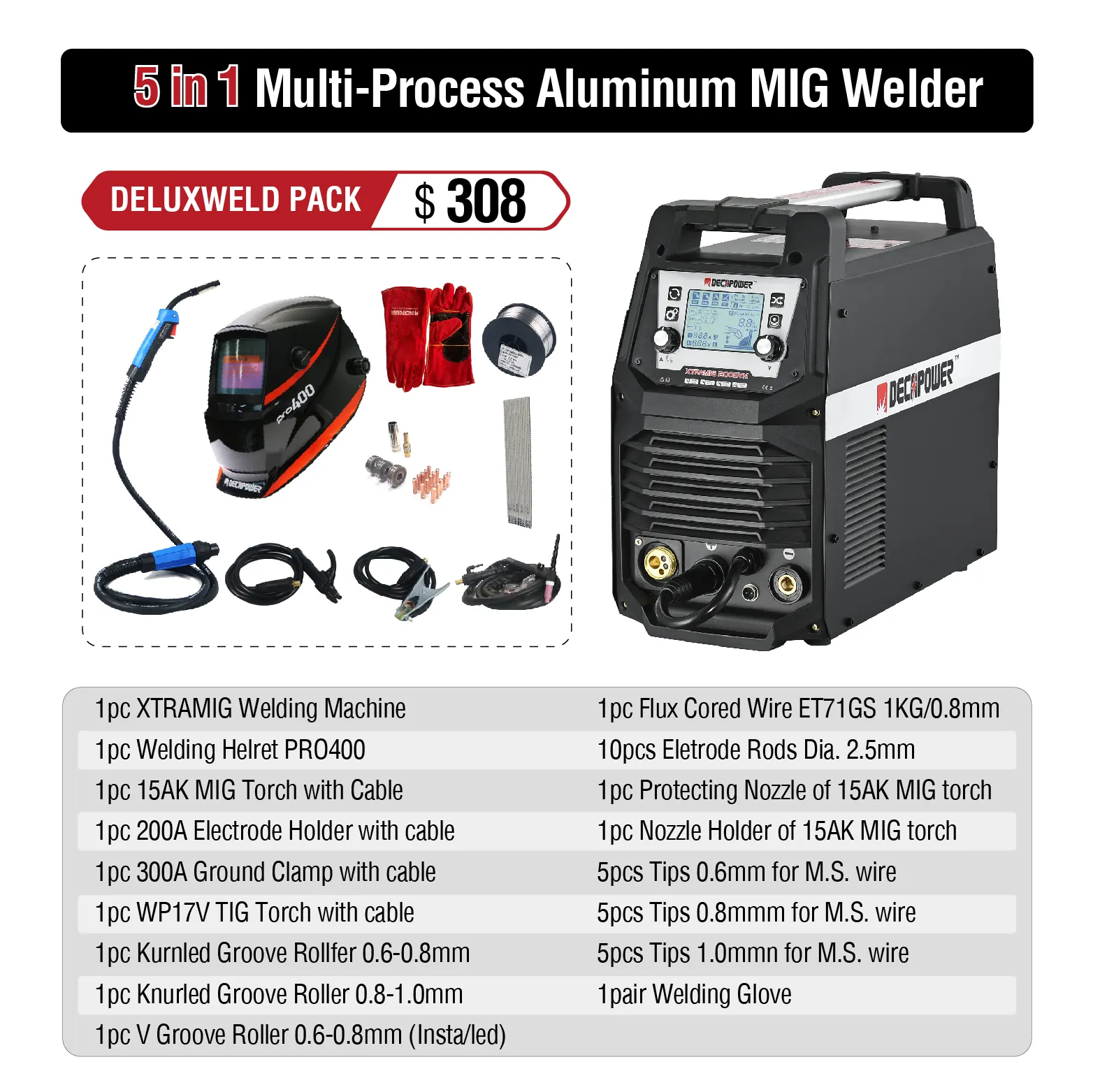 เครื่องเชื่อมโลหะ5 in 1 MMA TIG MiG 200แอมป์ IGBT อลูมิเนียมไม่มีแก๊สอินเวอร์เตอร์แบบไม่มี CO2