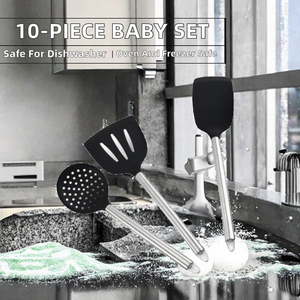 Lot de 10 ustensiles de cuisine pour bébé en silicone noir durable avec poignée en acier inoxydable et anneau de suspension, compatibles four et micro-ondes - Product Image 2