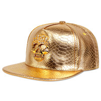 Casquette de baseball en cuir PU imperméable, motif tête de mort Hip Hop, 6 panneaux, réglable, à visière plate, pour sports de plein air, hommes et femmes